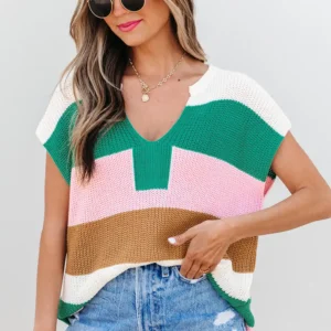 Multicolor Color-Block Notch V-Neck Knit Tee