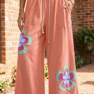 Grapefruit Orange Patchwork Floral Drawstring Wide-Leg Pants