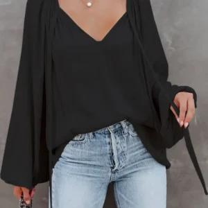 Pleated Puff Sleeve Satin Blouse