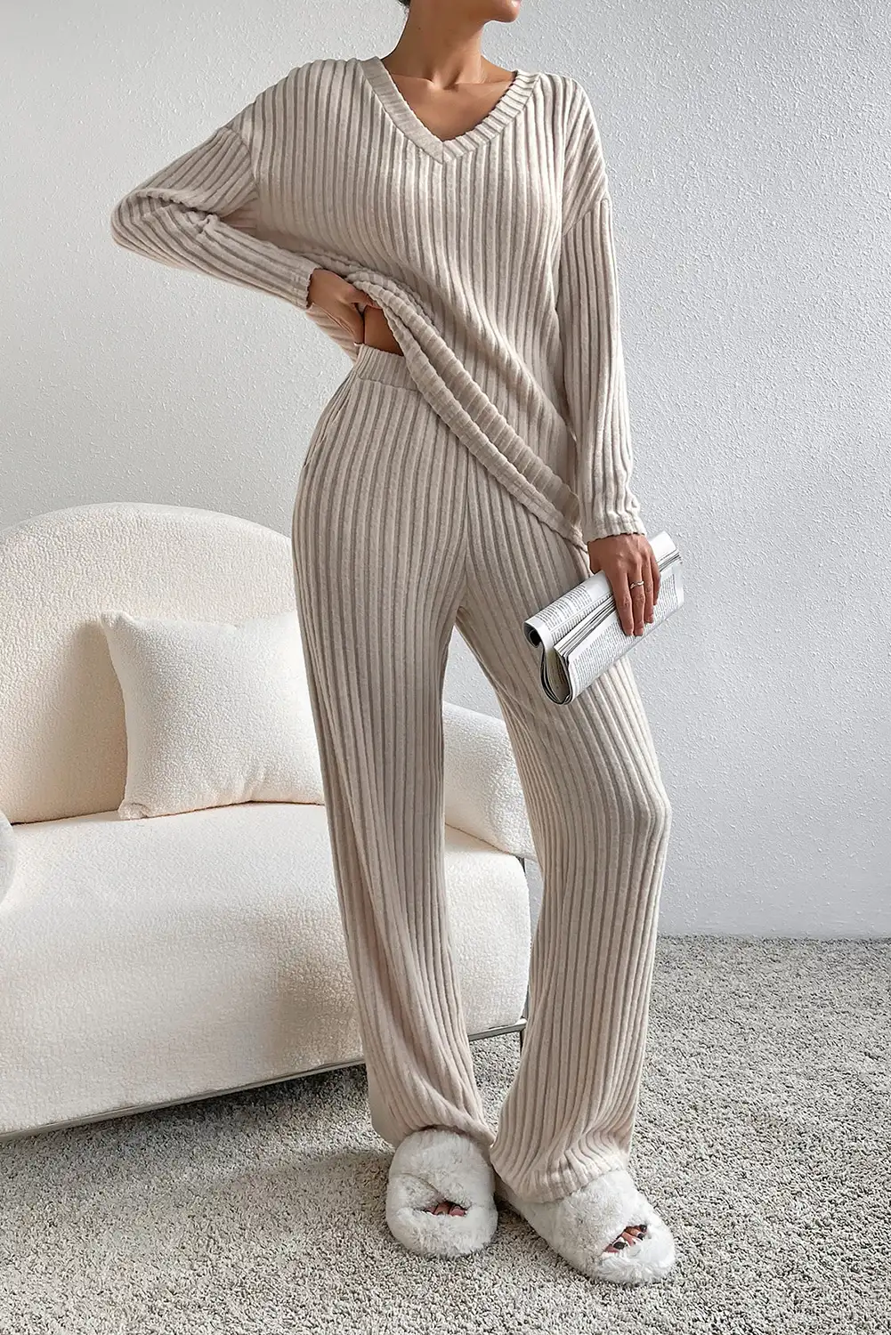 Khaki Ribbed Knit Slouchy Two-piece Outfit