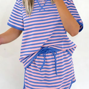 Blue Stripe Relaxed Two-Piece Set: Short Sleeve Top + Elastic Waist Skort