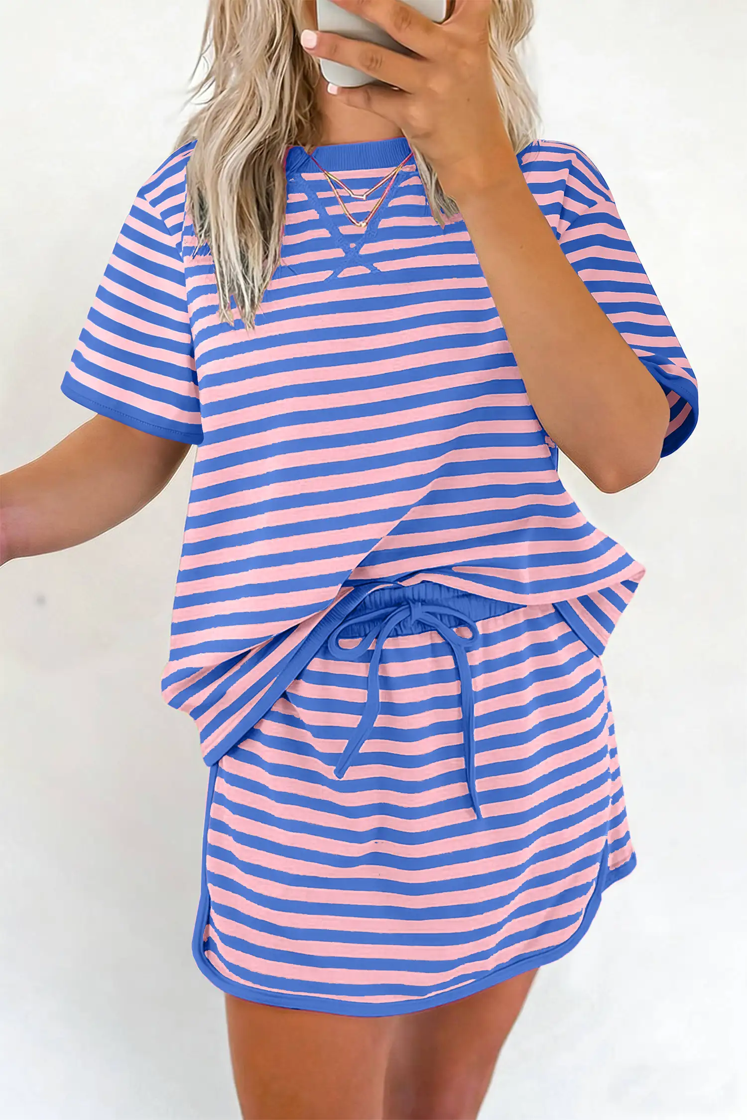 Blue Stripe Relaxed Two-Piece Set: Short Sleeve Top + Elastic Waist Skort