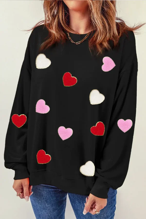 Chenille Embroidered Heart Sweatshirt - Black