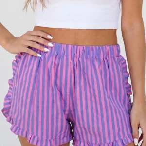Rose Stripe Elastic Waist Shorts with Ruffle Trim