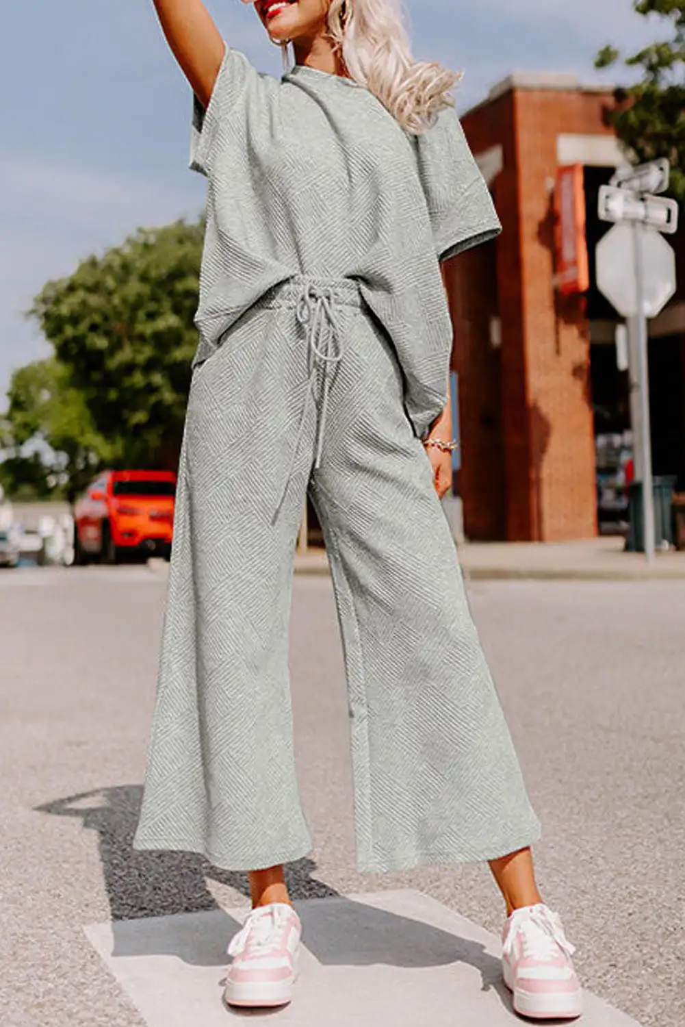 Textured Gray T-Shirt and Drawstring Pants Set