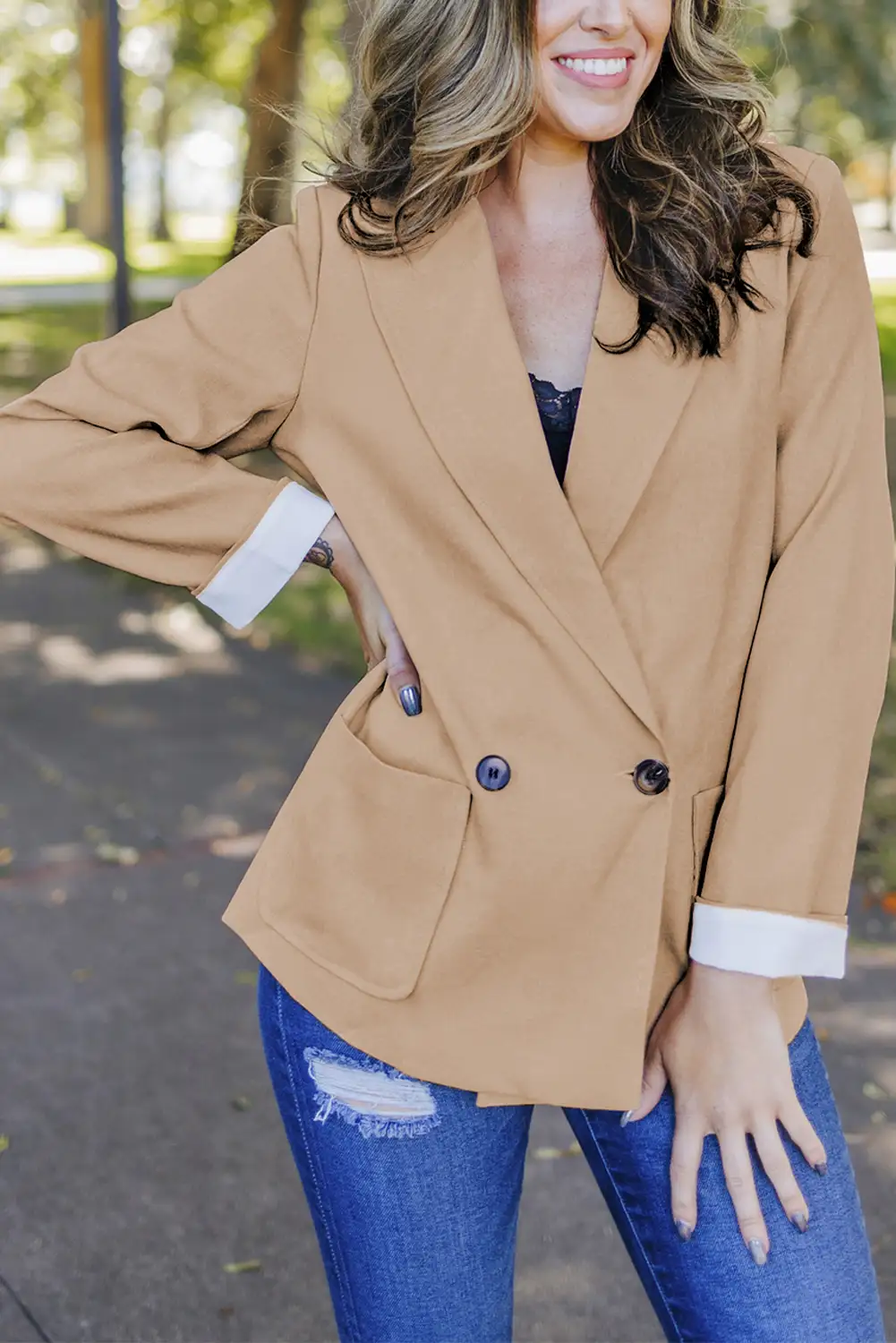 Apricot Lapel Collar Blazer