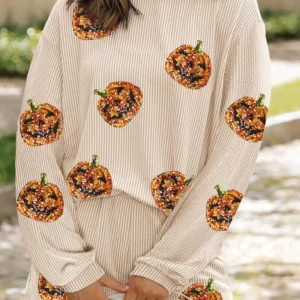 Stylish Sequin Pumpkin Corded Two Piece Set Perfect for Casual Fall Halloween Celebrations