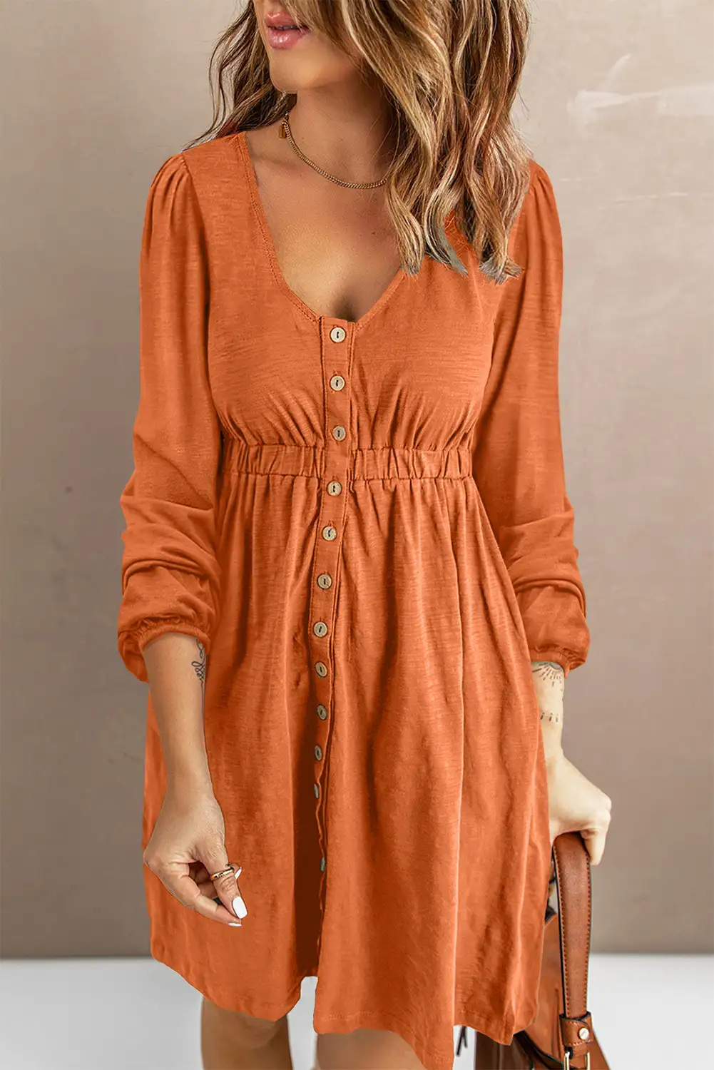Chic Orange Button Up Dress
