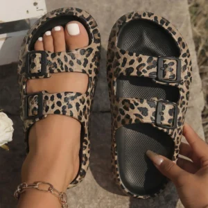 Bristol Black Leopard Retro Double Buckle Slippers
