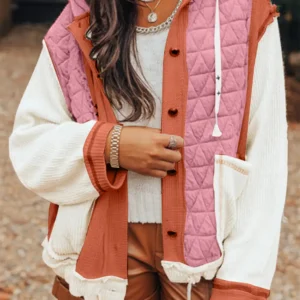 Coral Quilted Patchwork Hooded Jacket — Loose Fit