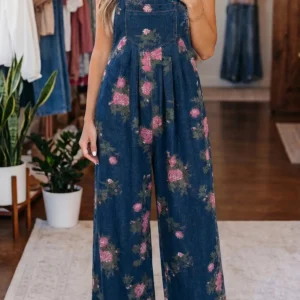Blue Floral Denim Jumpsuit — Pleated High-Waist, Wide-Leg