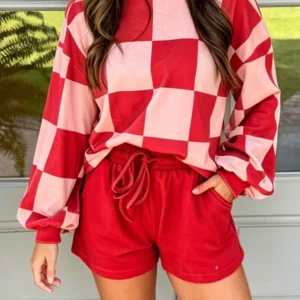 Red Checkerboard Plaid 2-Piece Set: Long Sleeve Top + Shorts