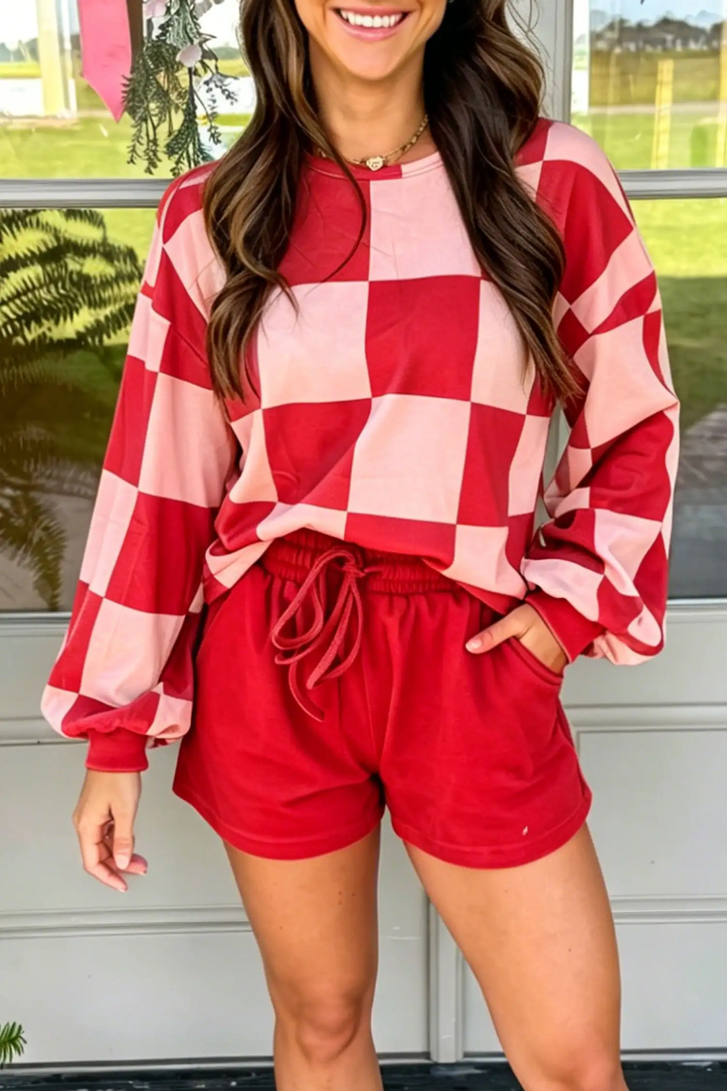Red Checkerboard Plaid 2-Piece Set: Long Sleeve Top + Shorts