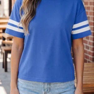 Dark Blue Varsity Stripe Short Sleeve Crew Neck Tee