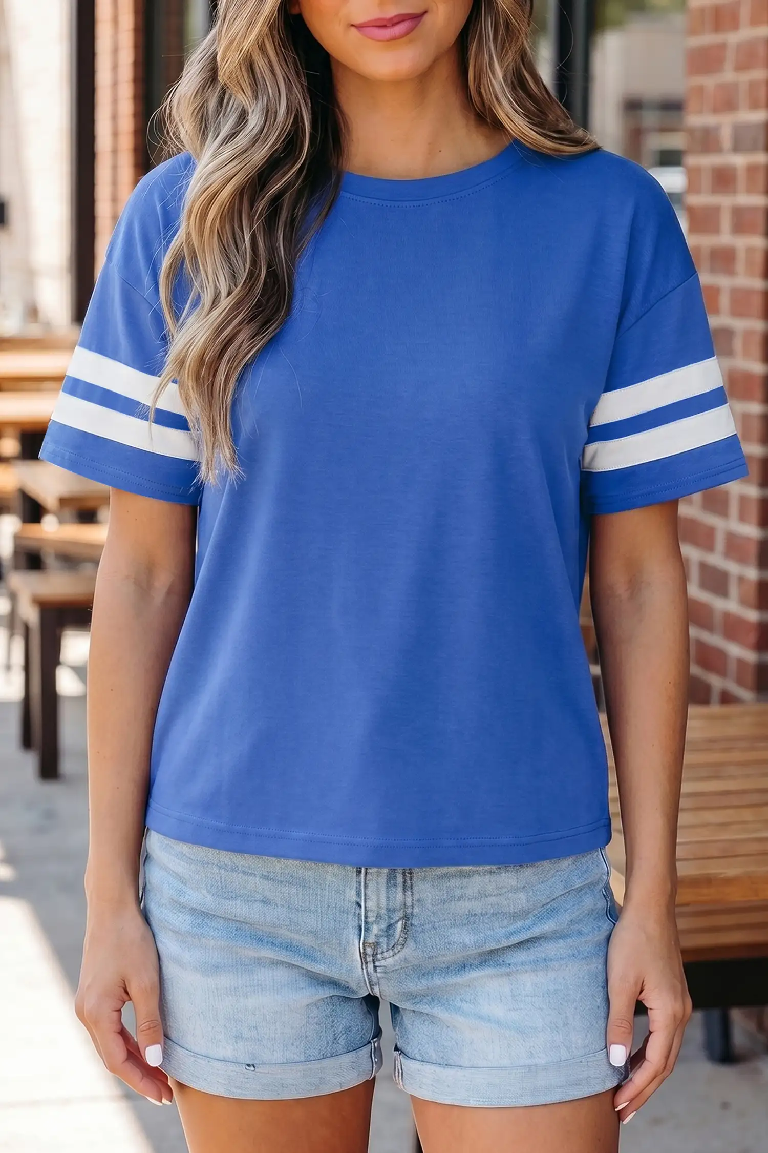 Dark Blue Varsity Stripe Short Sleeve Crew Neck Tee
