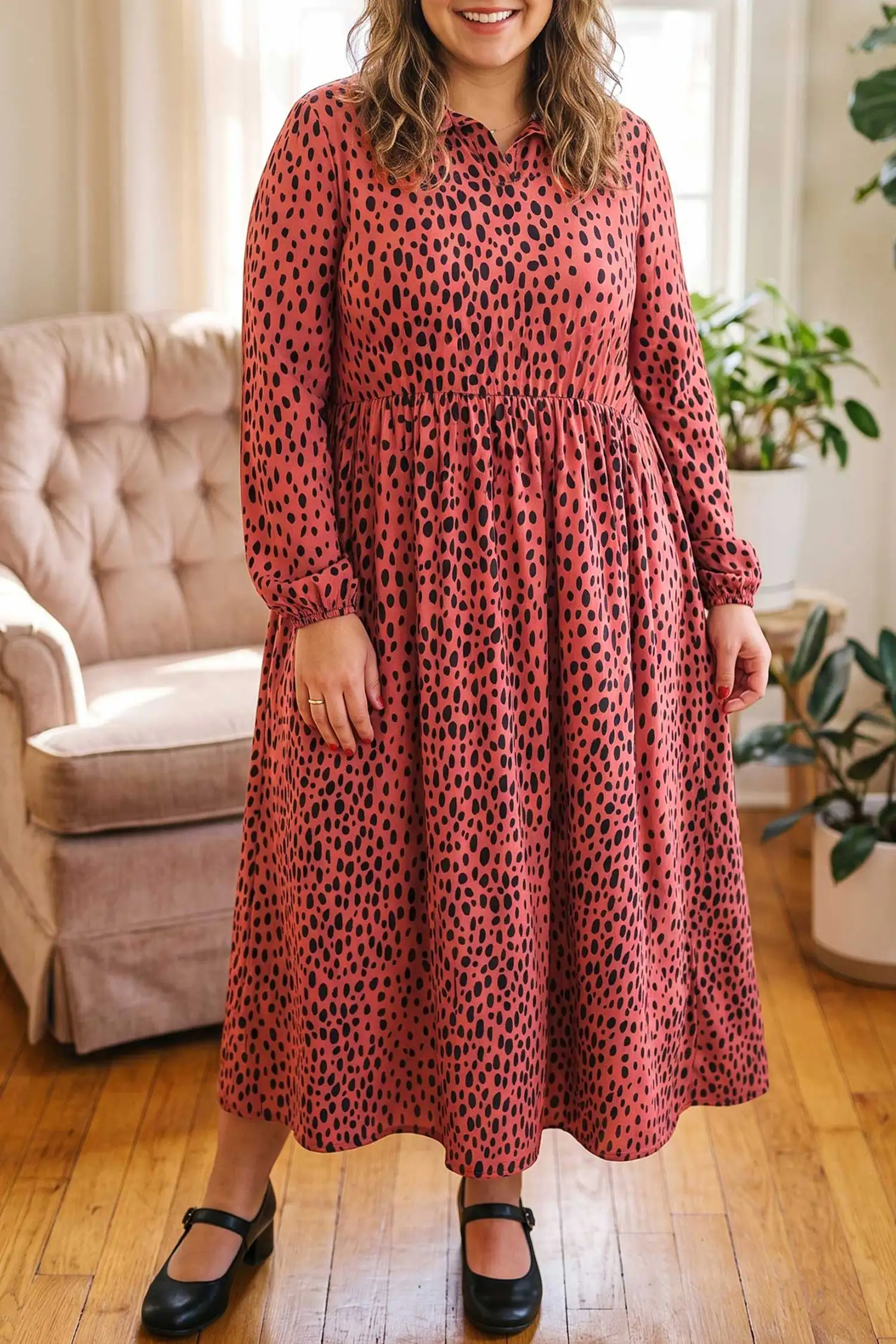 Red Leopard Print V-Neck Plus Size Midi Dress - Flowy Shift