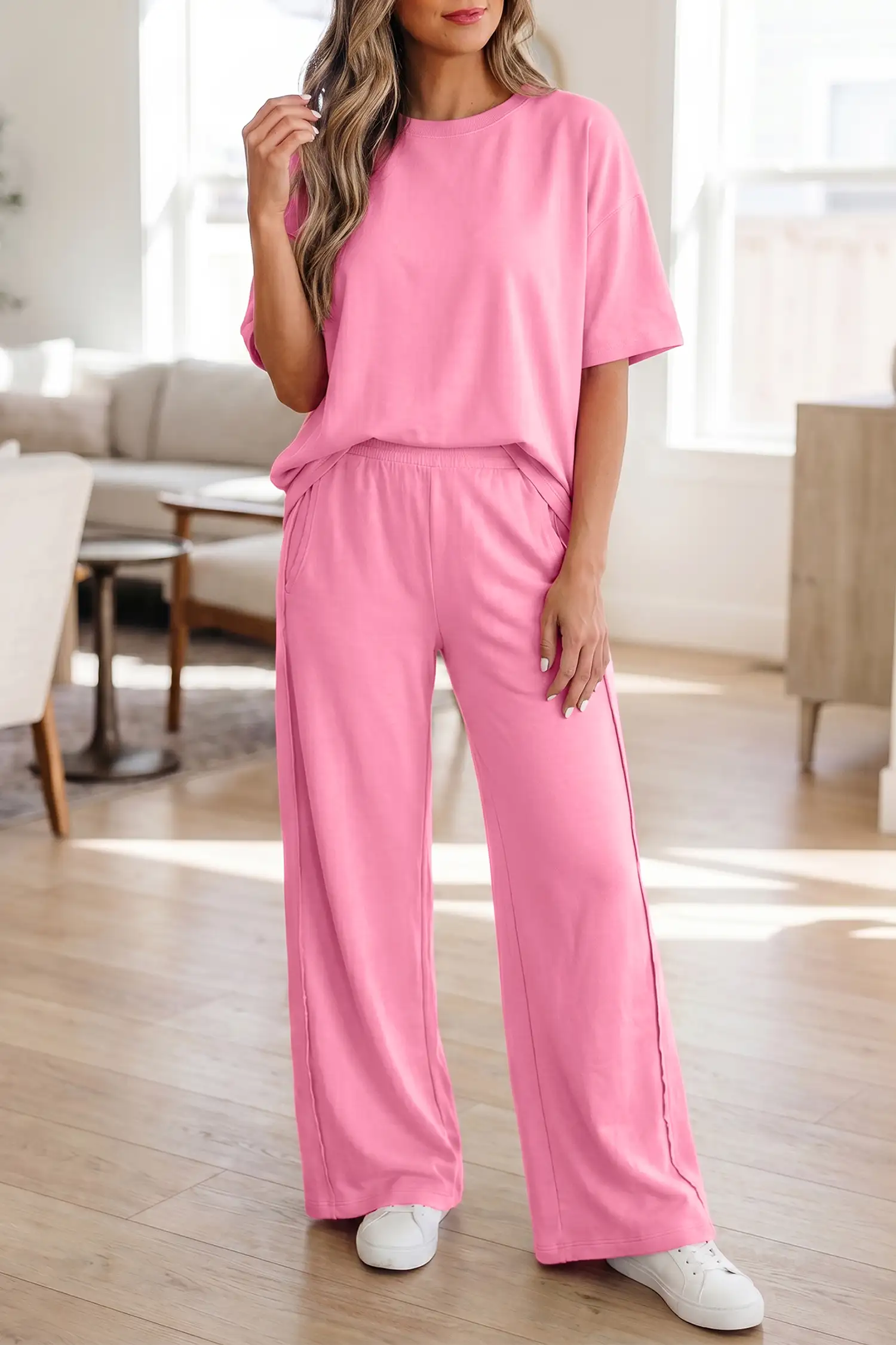 Sachet Pink Solid Oversize Tee & Pocketed Wide-Leg Pants 2pc Set