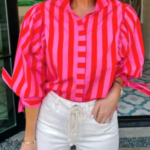 Red Stripe Puff-Sleeve Button-Down Shirt