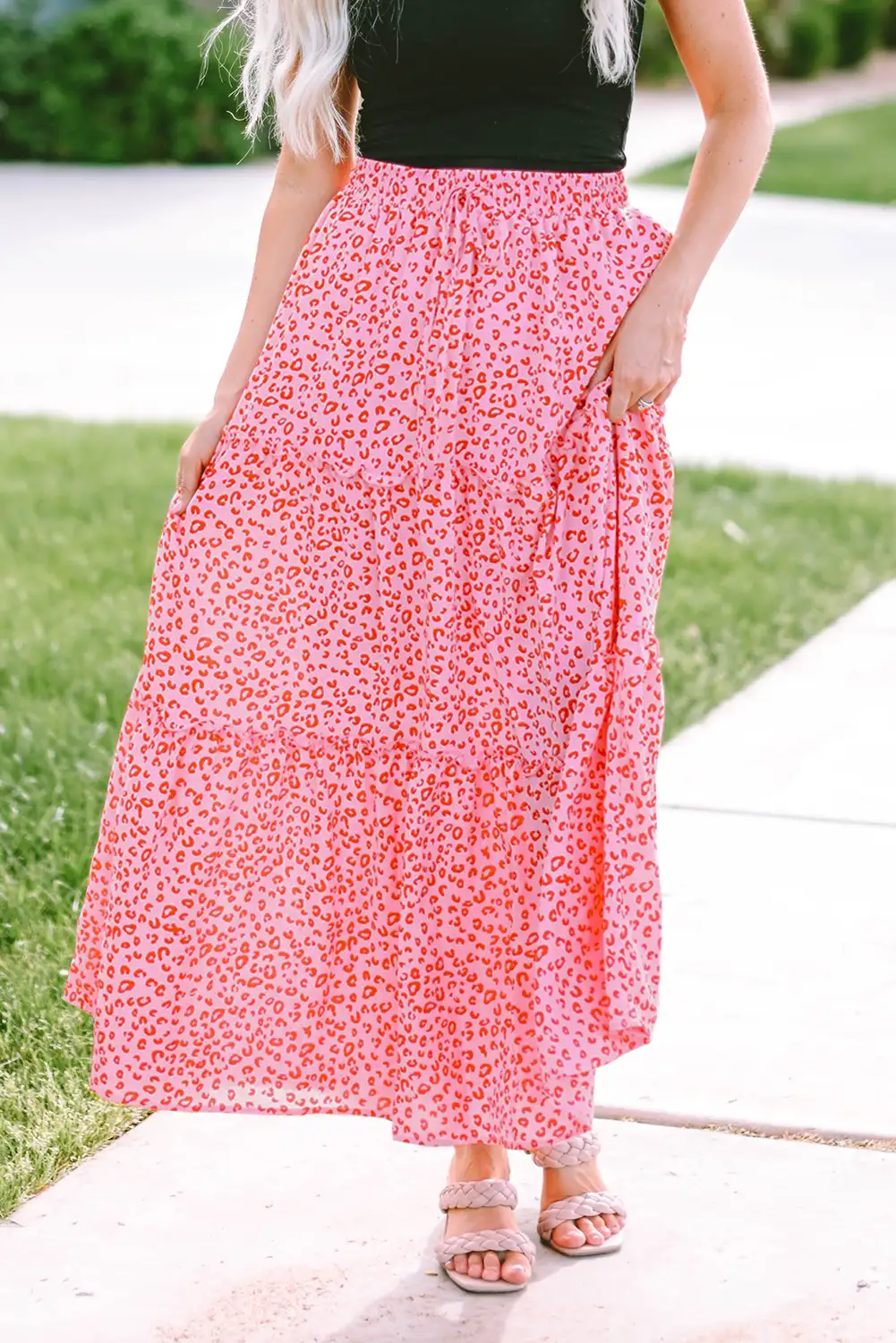 Pink Leopard Frilled Maxi Skirt