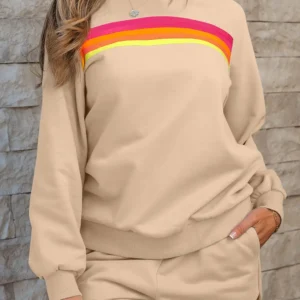 Apricot Striped Two-Piece Pullover & Shorts Set