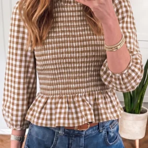 Brown Plaid Shirred Peplum Top with 3/4 Sleeves