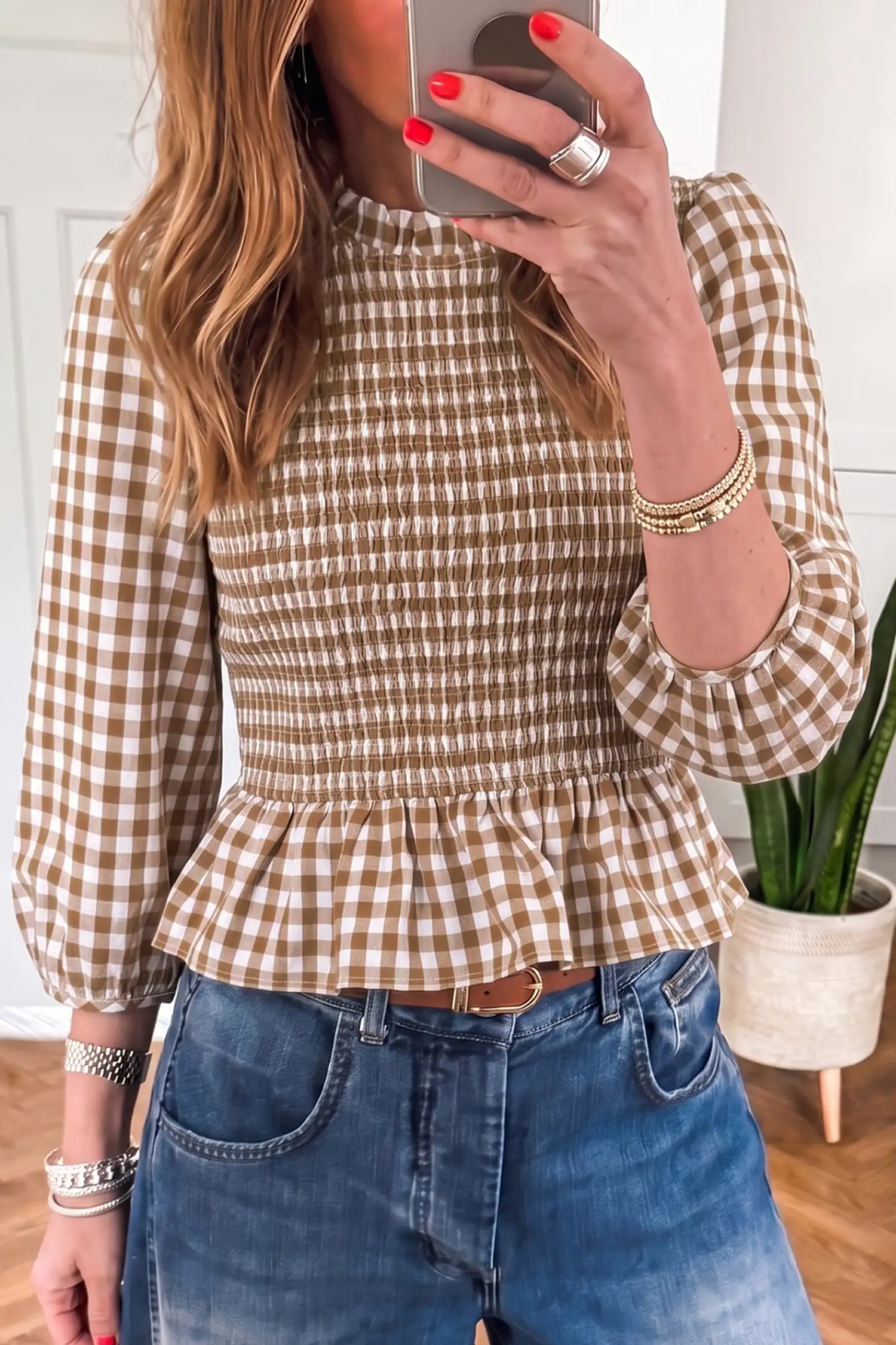 Brown Plaid Shirred Peplum Top with 3/4 Sleeves