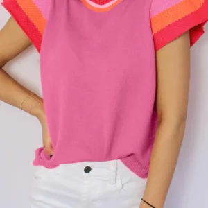 Chic Pink Color Block Flutter Sleeve Knit Sweater for Elegant Summer Outfit