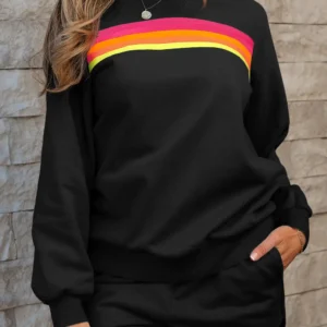 Black Striped Accent Two-Piece Pullover and Shorts Set