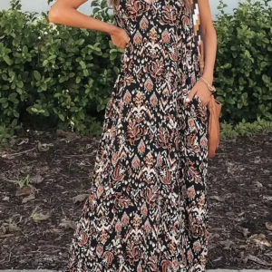 Black Boho Retro Printed Maxi Dress