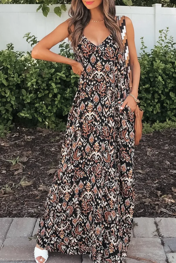 Black Boho Retro Printed Maxi Dress