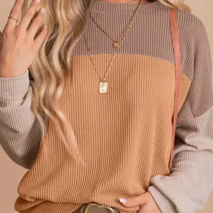Ribbed Khaki Color Block Long Sleeve Top