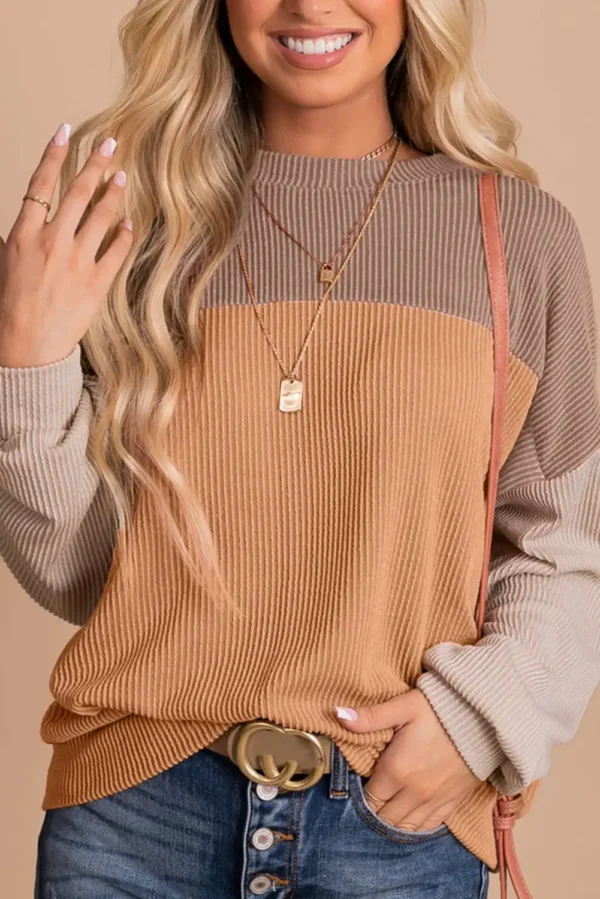 Ribbed Khaki Color Block Long Sleeve Top