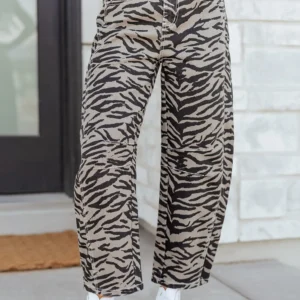 Gray Zebra Stripe WideLeg Barrel Jeans