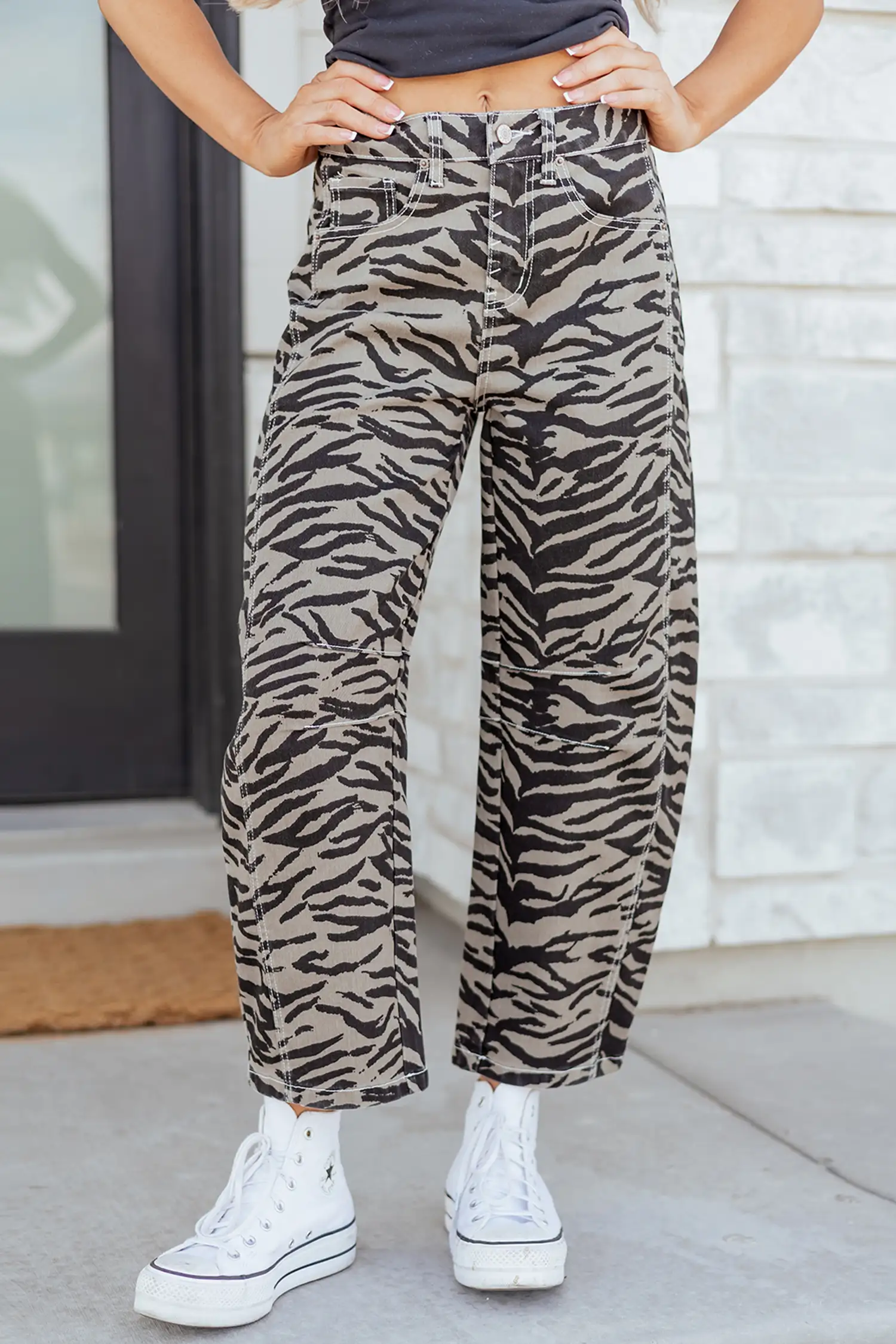 Gray Zebra Stripe WideLeg Barrel Jeans