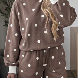 Brown Polka Dot Ribbed Trim Long Sleeve Short Set