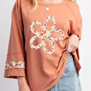 Grapefruit Orange Flower Graphic Long Sleeve Top for Trendy Chic Floral Spring Fashion Casual Wear