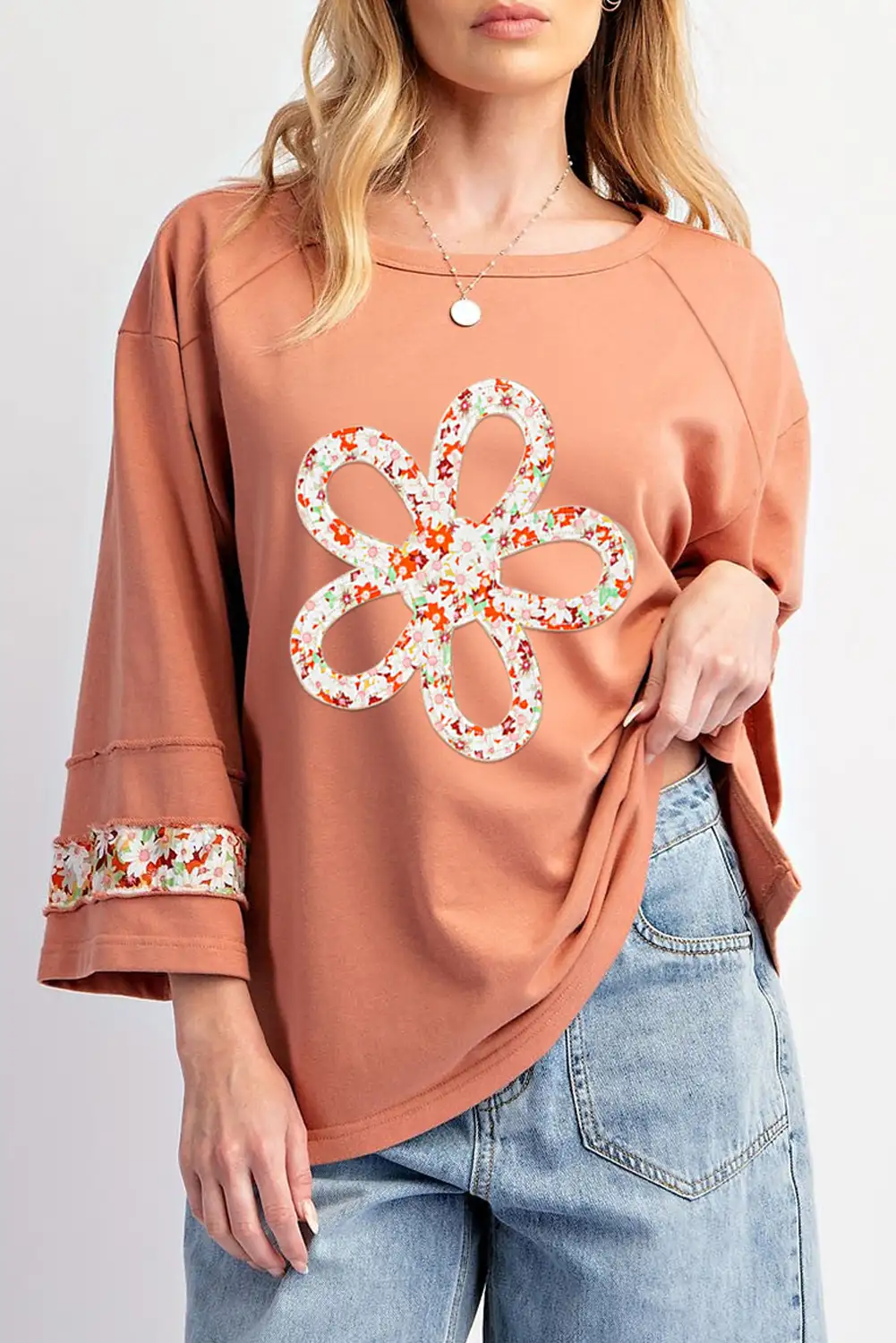 Grapefruit Orange Flower Wide Sleeve Top