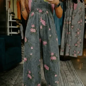 Gray Floral Print Pleated Denim Jumpsuit - High-Waist Wide-Leg