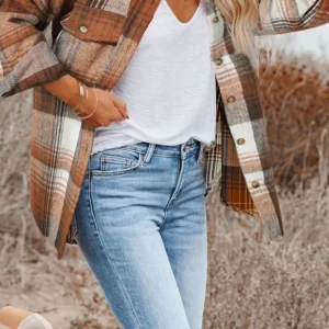 Trendy Brown Plaid Shacket for Women Perfect for Western Fall Adventures in Stylish Outerwear