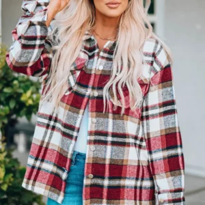 Fiery Red Geometric Plaid Shacket for Cozy Fall Fashion Outerwear Styles