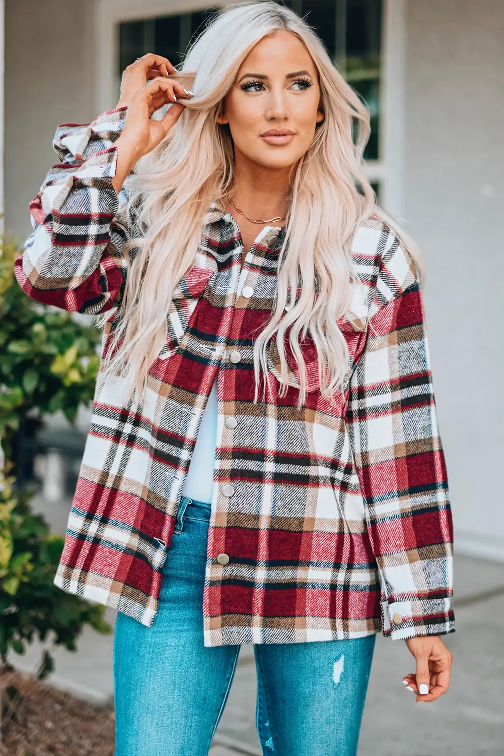 Fiery Red Geometric Plaid Shacket