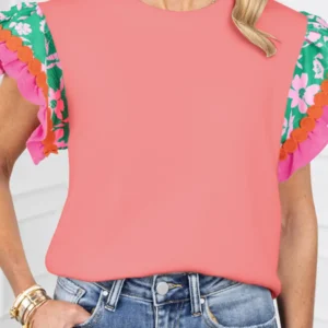 Chic Peach Blossom Ricrac Floral Sleeve Top for Everyday Color Block Style in Pink Perfect for Summer Southern Belle Vibes with Ruffled Sleeves