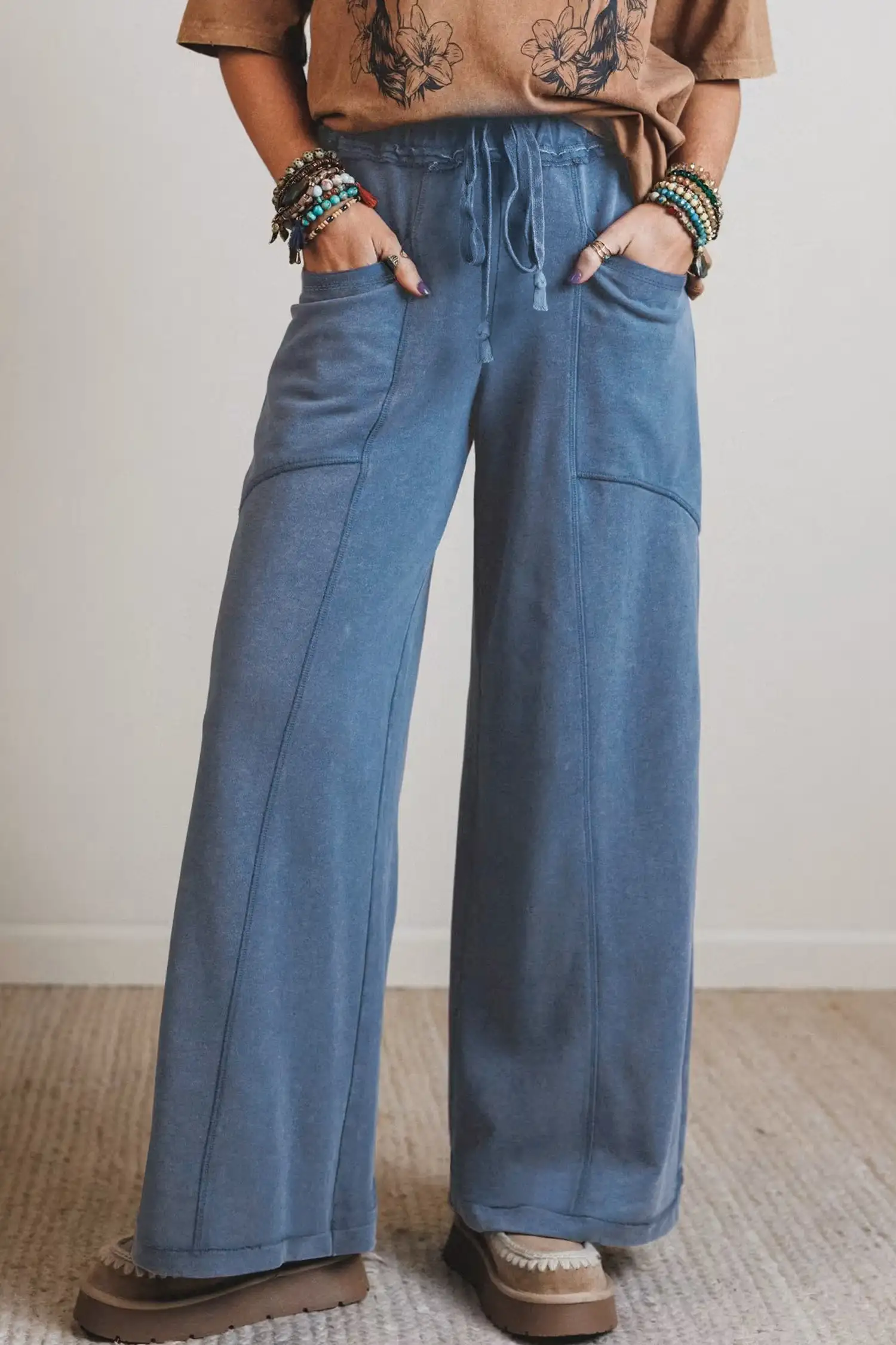 Ashleigh Blue Mineral-Wash Western Wide-Leg Drawstring Pants