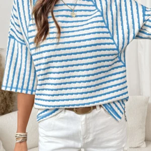Sky Blue Stripe Textured Knit Top - Loose Split Hem Half-Sleeve