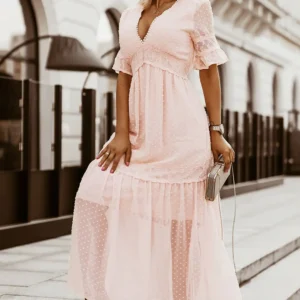 Elegant Pink Swiss Dot Maxi Dress for Summer Weddings with Lace Accents