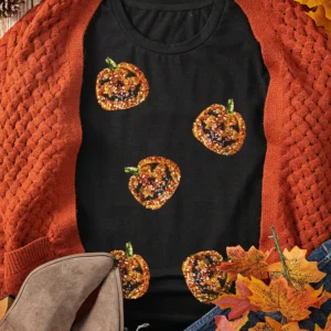 Sparkly Black Sequin Pumpkin Face T-Shirt Perfect for Halloween Casual Style with Fun Graphic Design