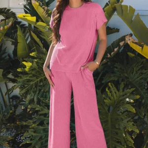 Bright Pink Corded Knit 2-Piece Set: Short Sleeve Tee + Wide-Leg Pants
