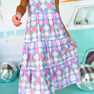 Sky Blue Floral Sleeveless Maxi Dress Perfect for Summer Vacations and Beach Getaways