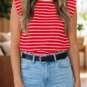 Red Stripe Ribbed Round-Neck Tank Top