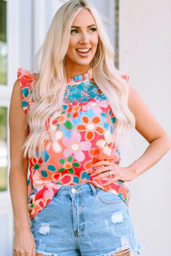 Pink Floral Embroidered Tank Top